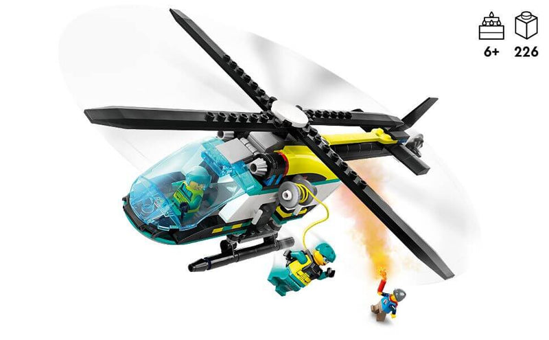 lego minifgure flying out of a helicopter to rescue another minifigure