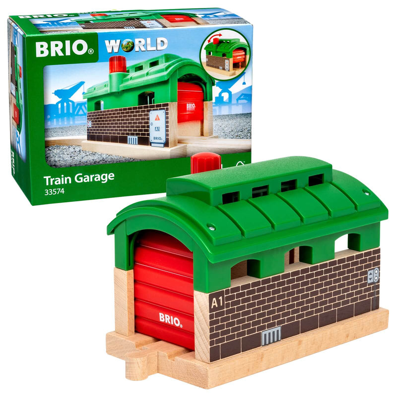 brio world toy train garage next to packaging