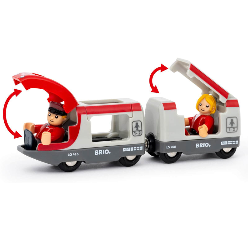 close up of the Brio train with carriage and two human characters