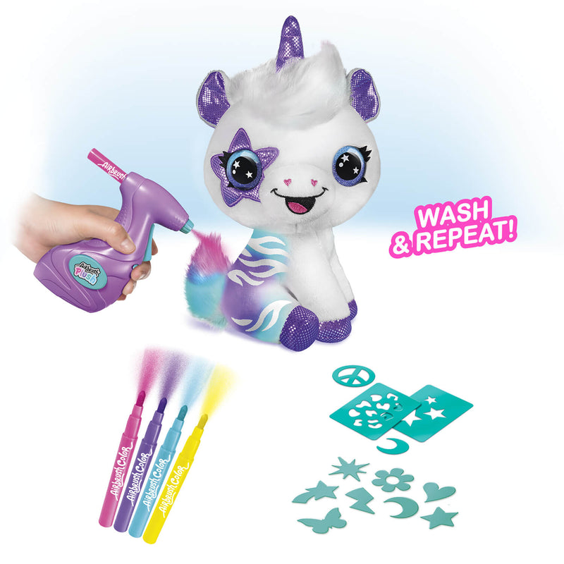 airbrush plush unicorn toy features on a white background