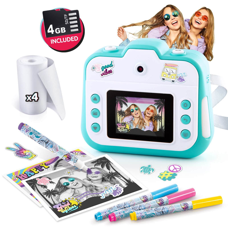 an instant camera with print roll and pens