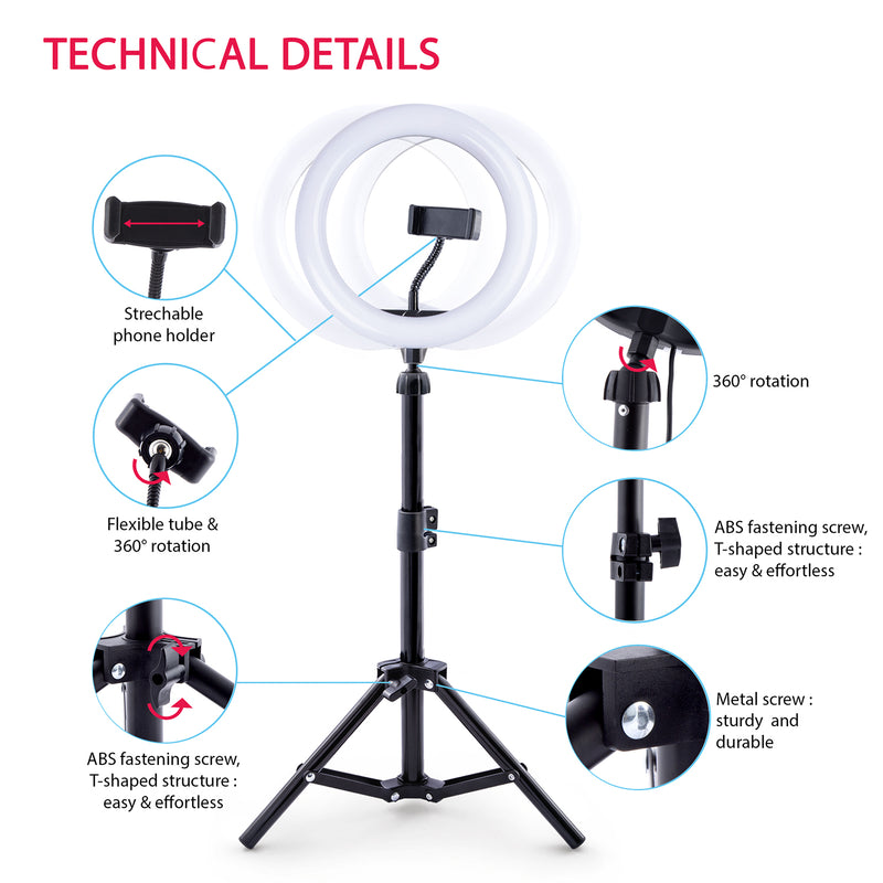 features of a ring light video maker kit including rotation