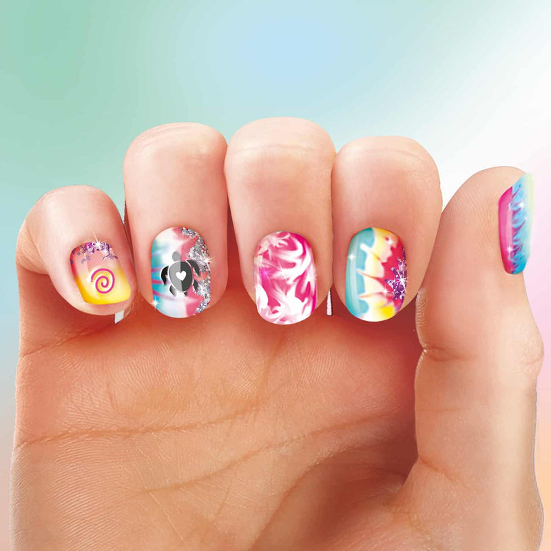 a colourful patterned manicure