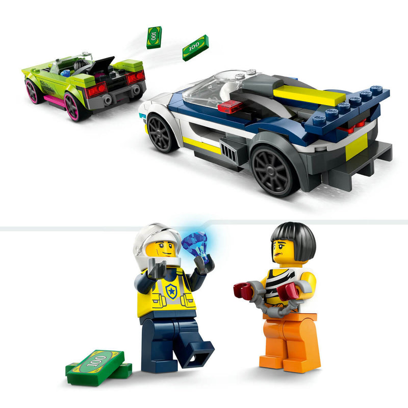 lego police car chasing muscle car and minifgures 
