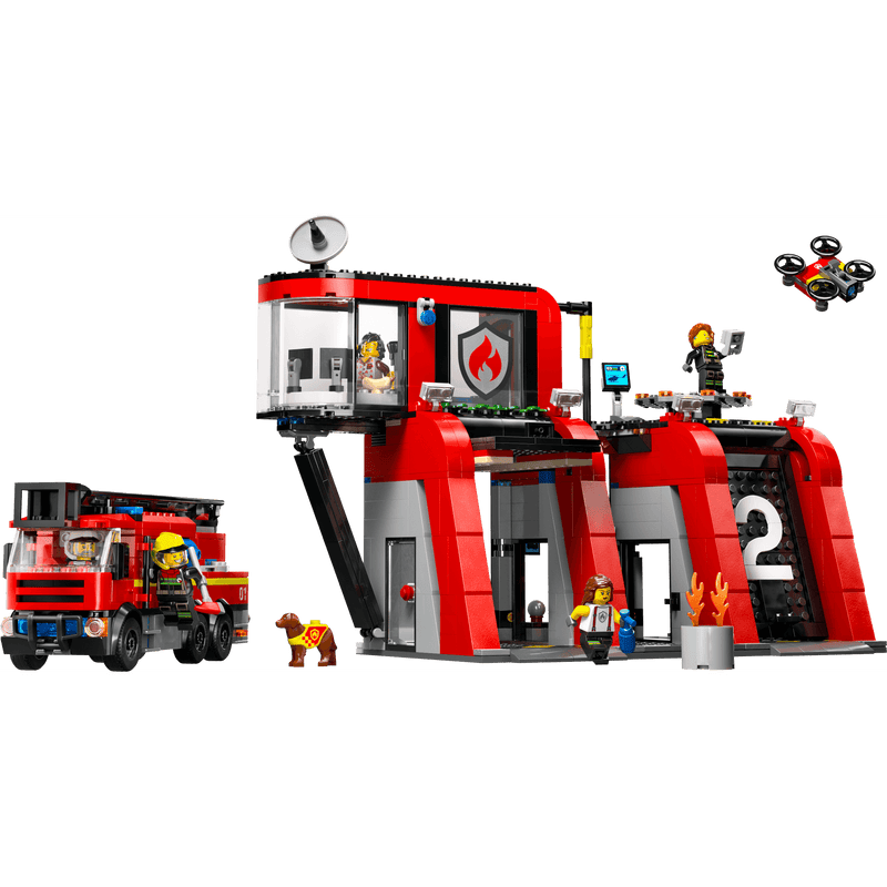 Lego fire station with firefighters and fire dog