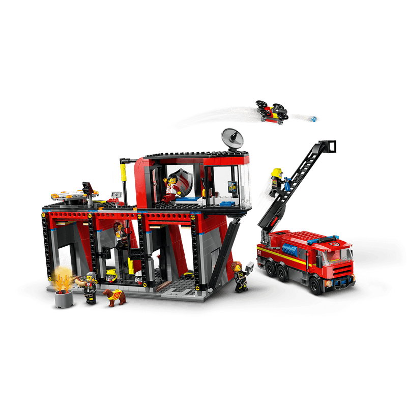 Reverse of a lego fire station with many accessories