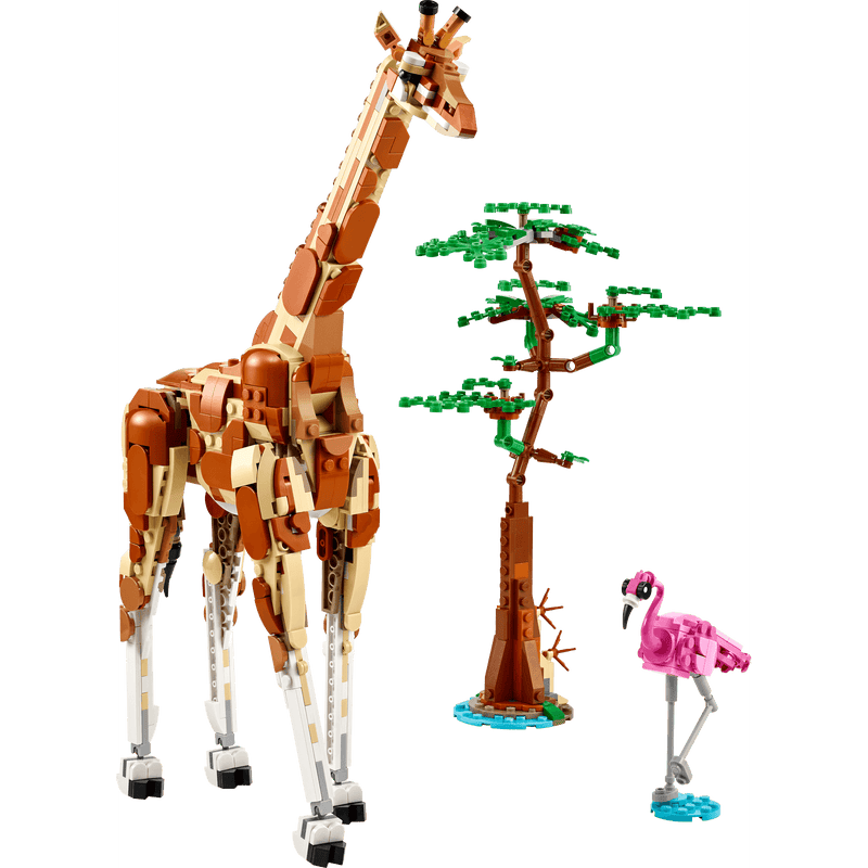 Lego giraffe standing with flamingo and tree