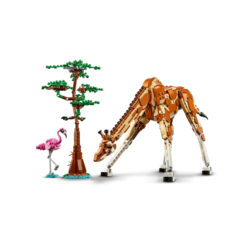 Lego giraffe leaning down with flamingo and tree