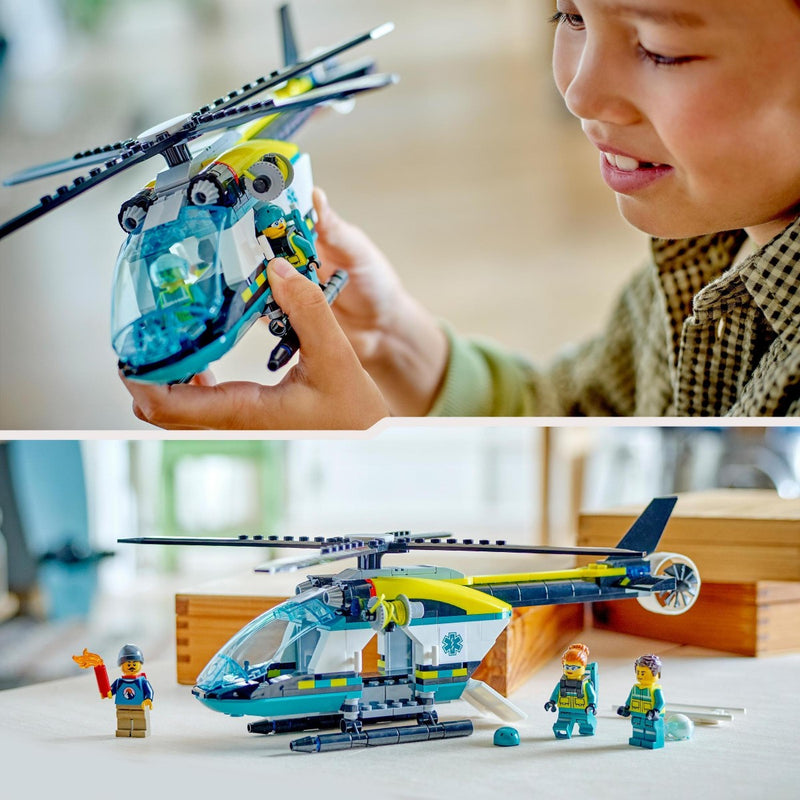 child playing with lego emergency helicopter