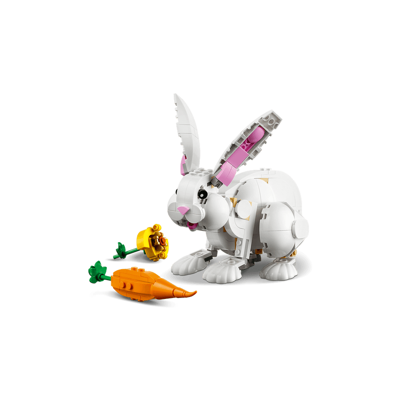 lego white rabbit built with flower and carrot