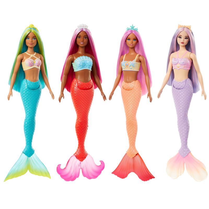 four mermaid barbies with different coloured tails
