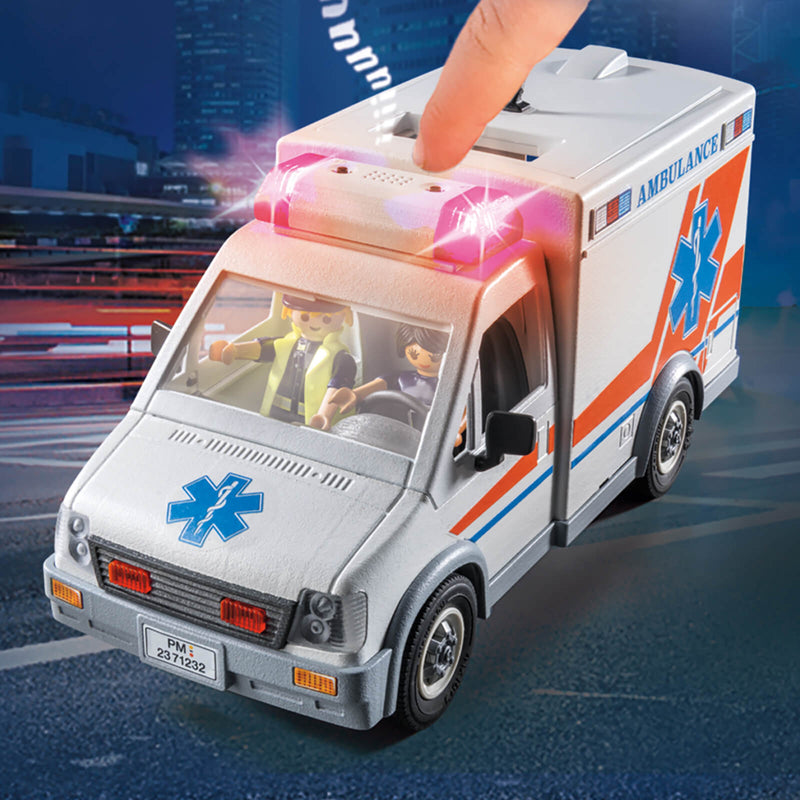 playmobil ambulance with light up feature being shown on vehicle