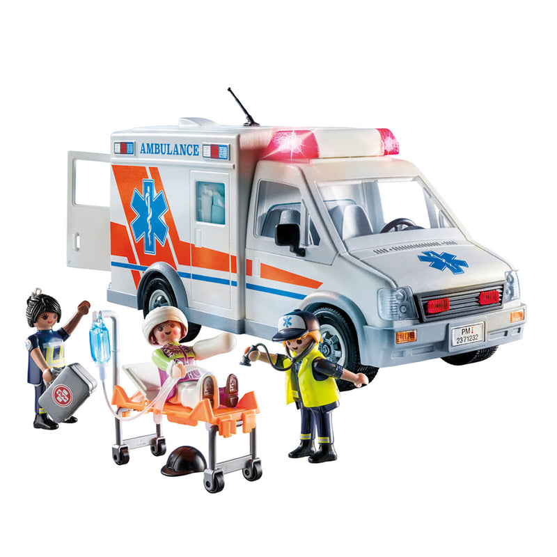 playmobil ambulance toy with 3 figures and one on a stretcher being cared for