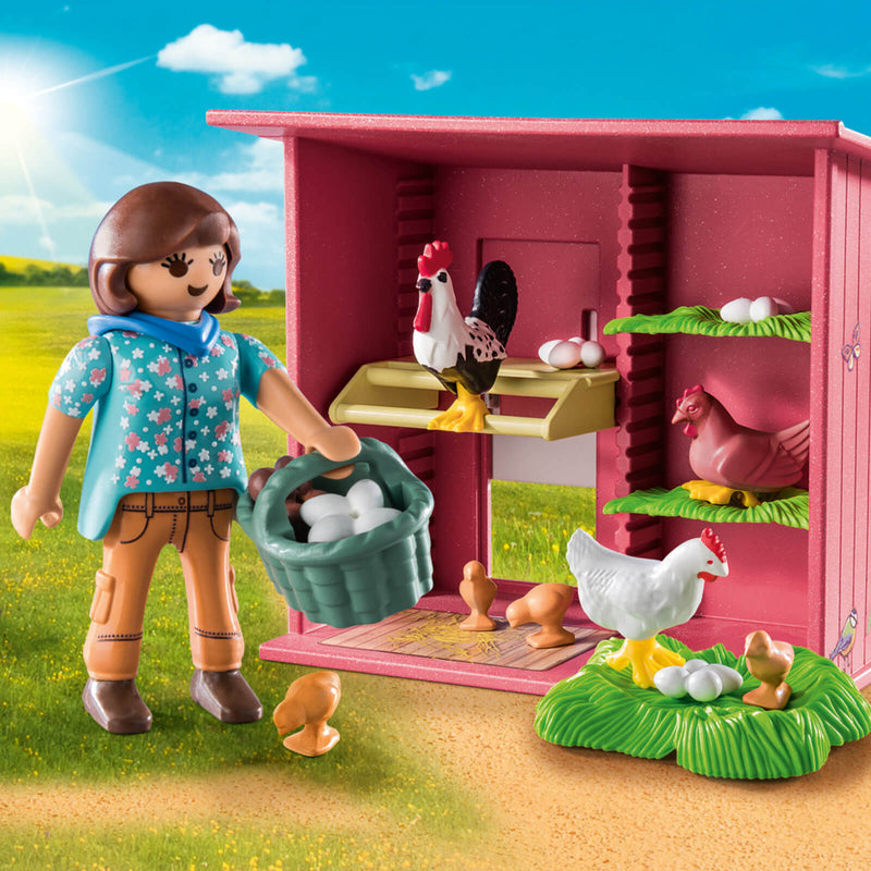 playmobil hen house with figure carrying a basket of eggs