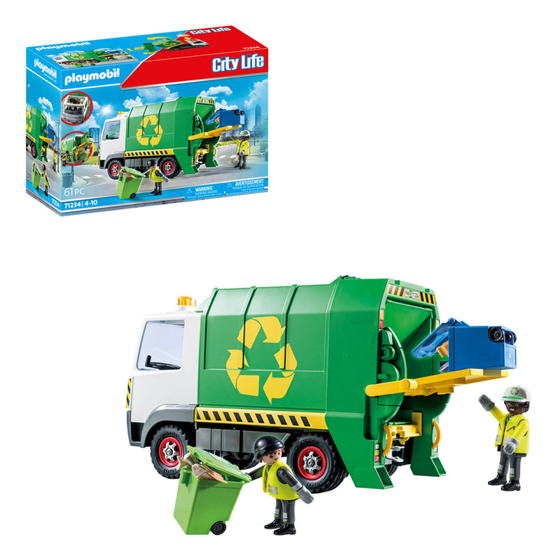 playmobil recycling truck toy with two workers and two bins