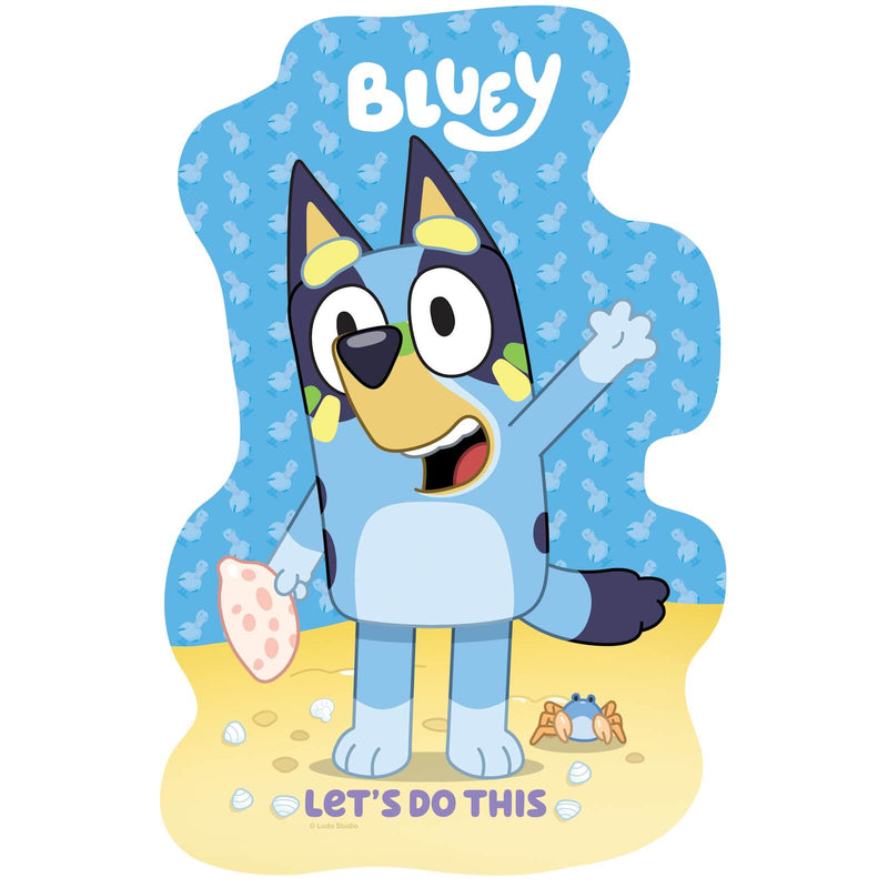 shaped jigsaw of Bluey with her arm up