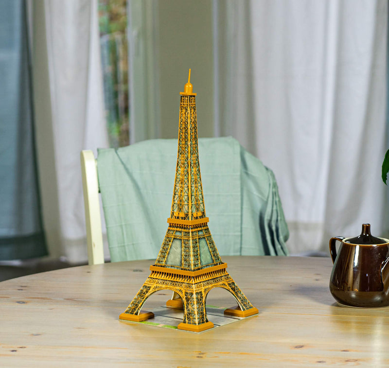 photo of a built 3D eiffel tower jigsaw puzzle in a home