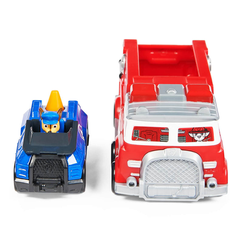 paw patrol chase in blue police car and firetruck beside