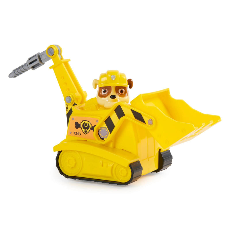 yellow bulldozer with toy dog inside