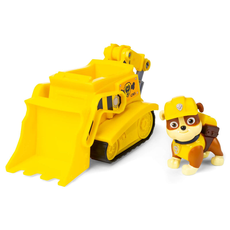 paw patrol rubble character toy next to bulldozer toy