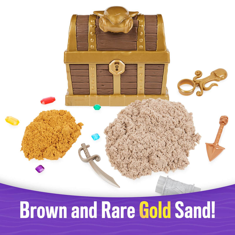 a plastic treasure chest and two types of kinetic sand